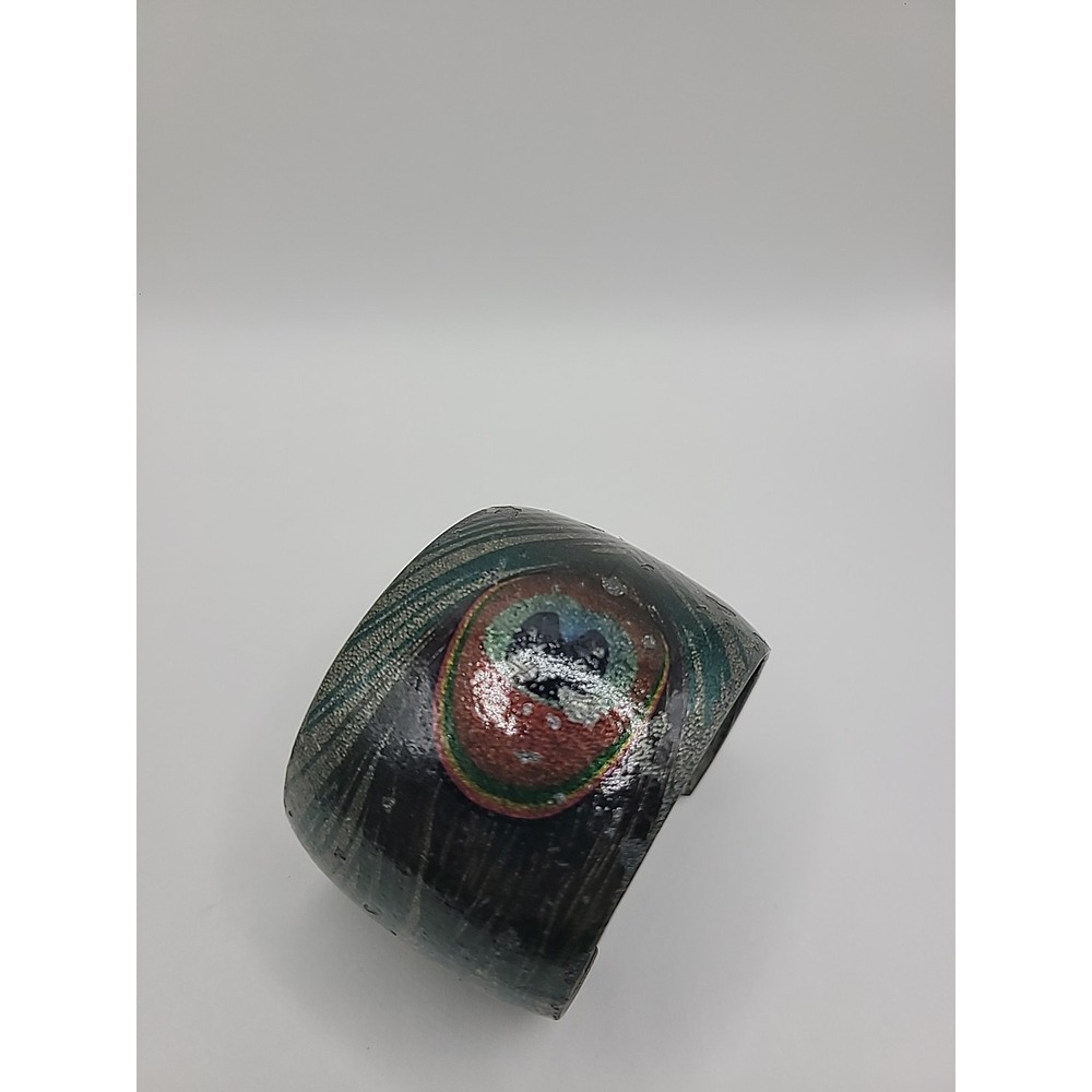 Vintage Hand Painted Metal Cuff Bracelet‎ Abstract Boho Artisian Statement